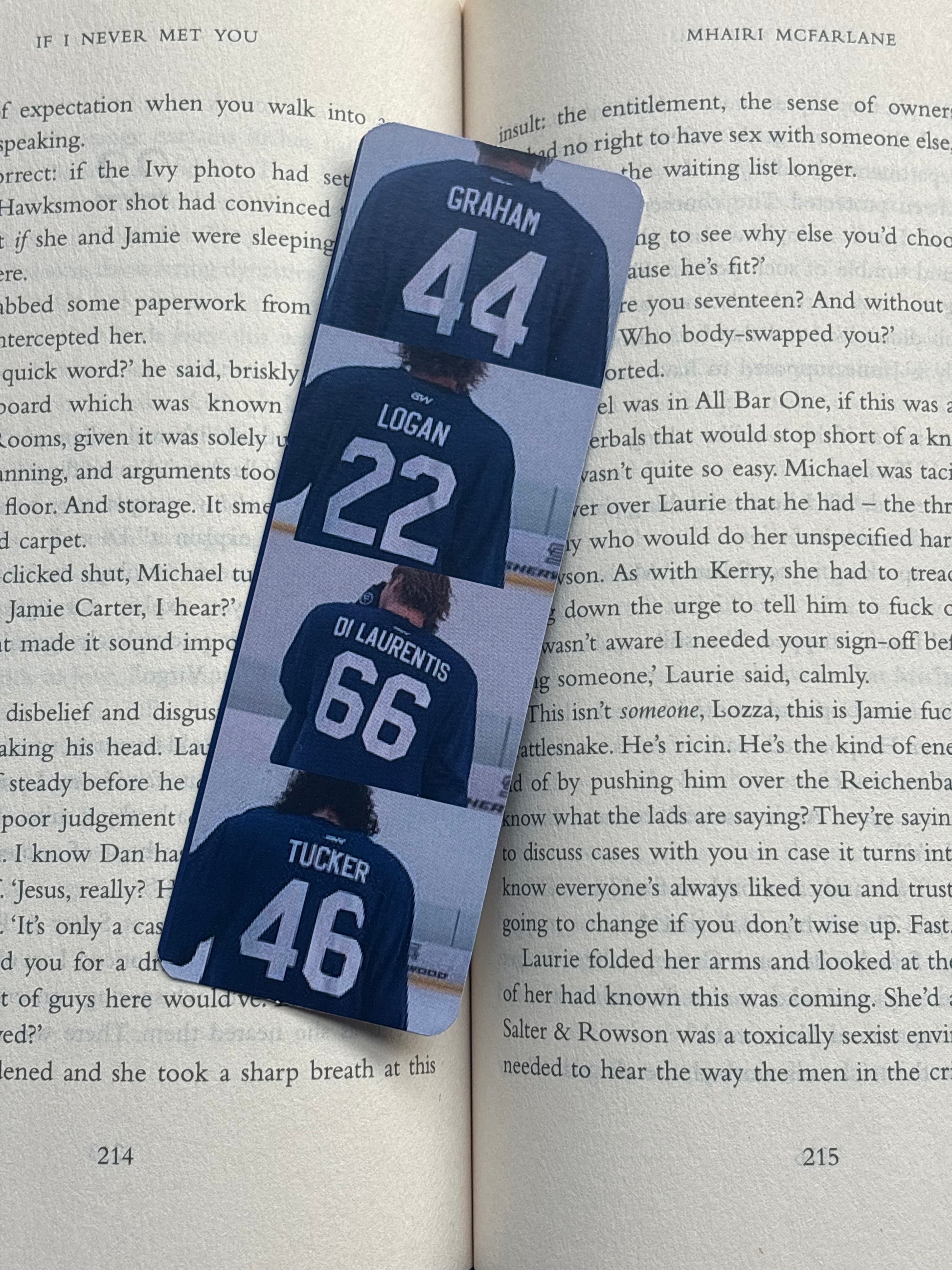 Bookmarks with hockey player numbers on a book page